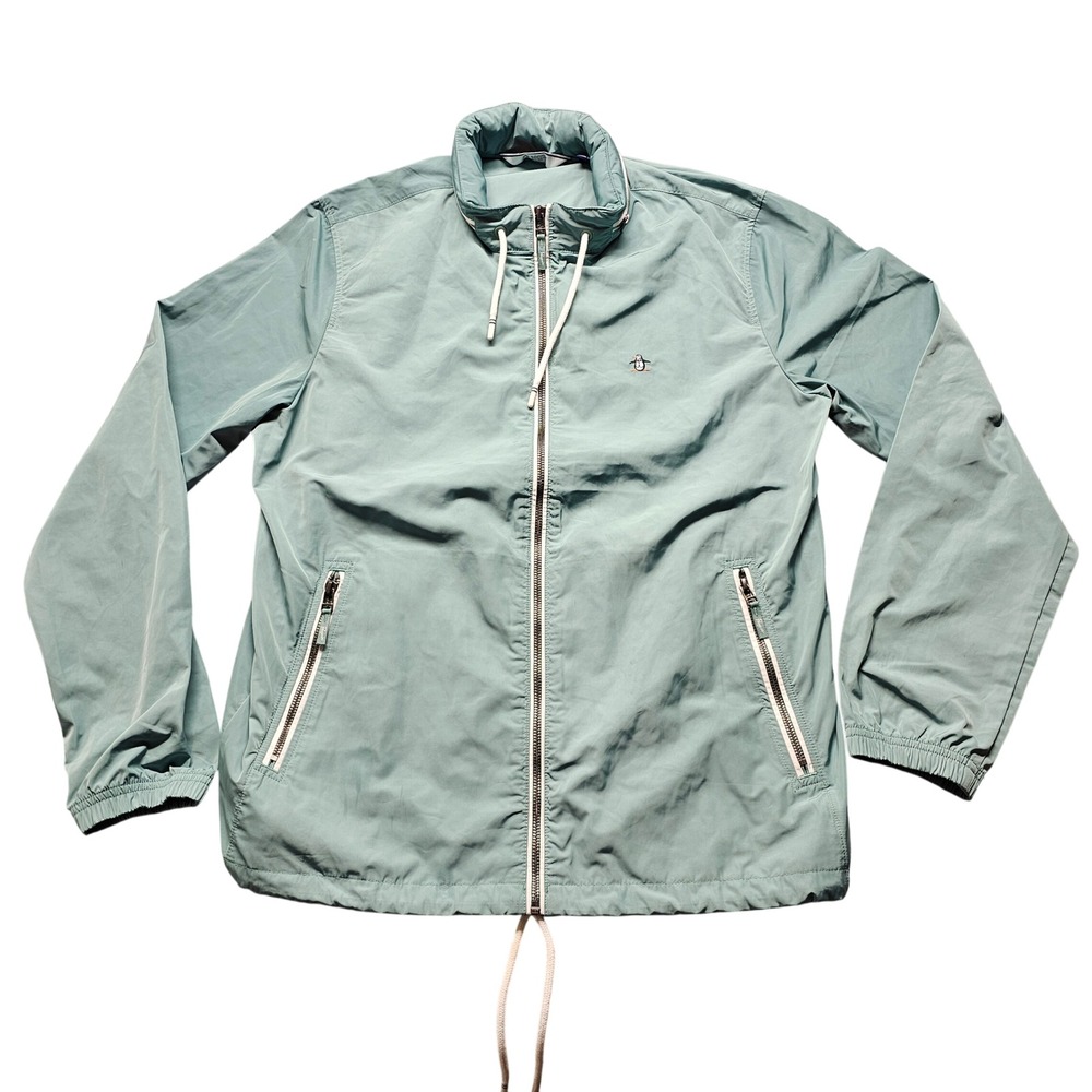 Original Penguin Windbreaker Mens Size M Teal Blue Full Zip Stowaway Hood Jacket